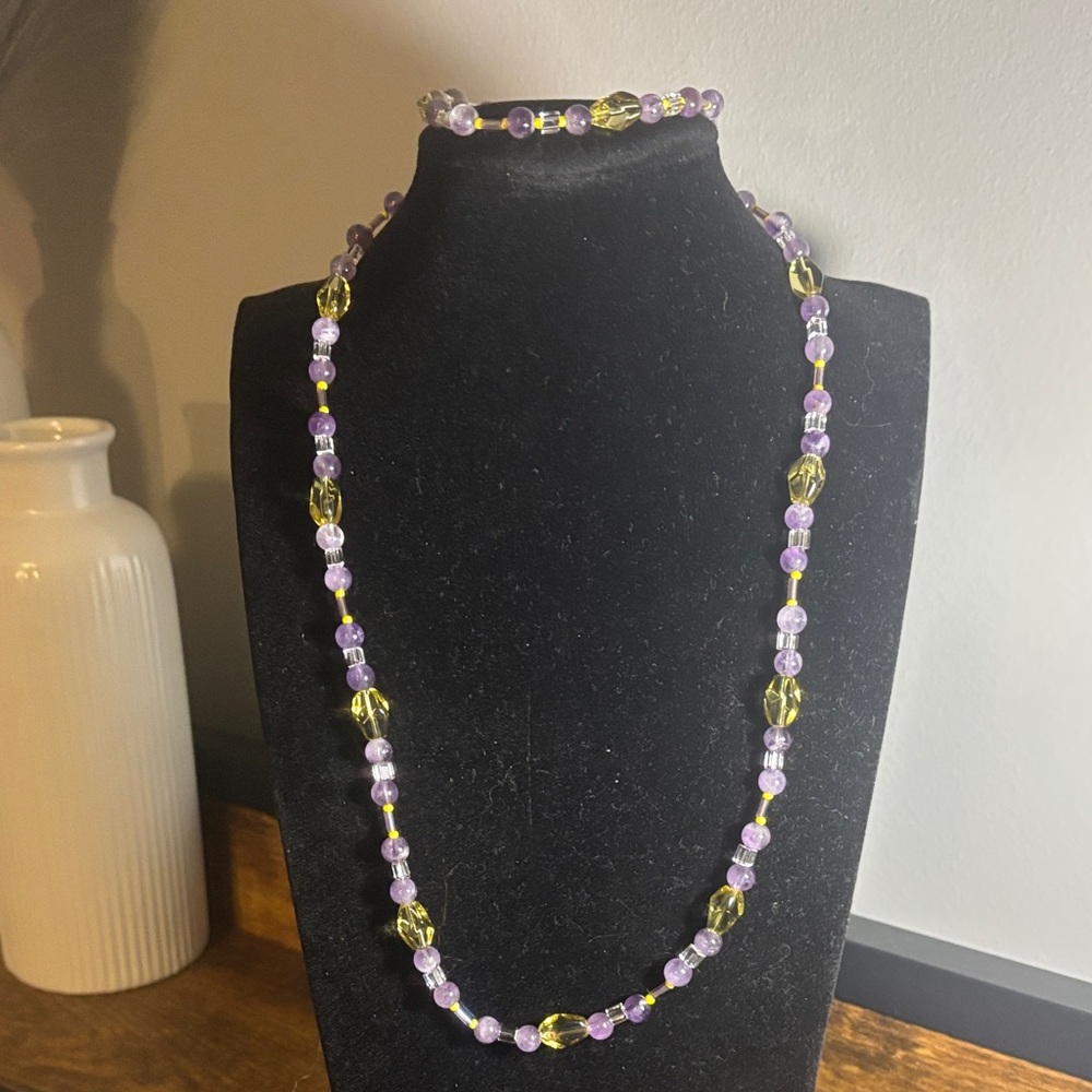 Elegant Purple and Yellow Beaded Necklace and bracelet. Both with clasps.